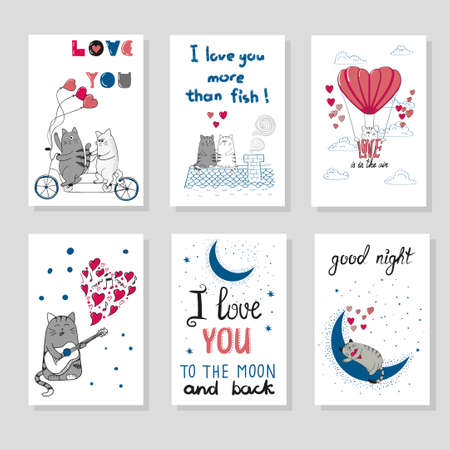 Cute cats in love. Set of romantic card templates for design. Hand drawn cartoon cats. Valentine`s day design.のイラスト素材