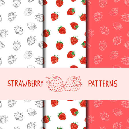 Strawberry seamless patterns. Set of vector backgrounds. Collection of wallpapers with strawberries.のイラスト素材