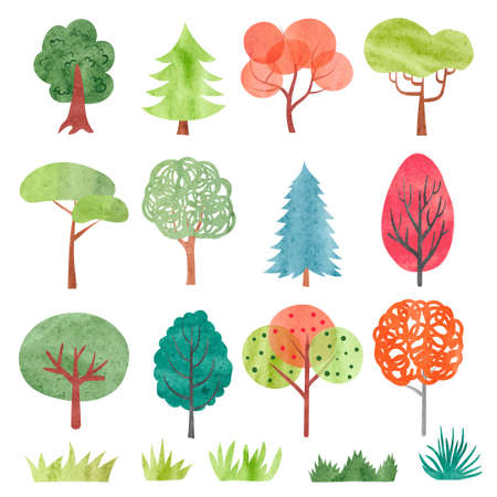 Set of watercolor trees. Colorful tree and grass symbols for your design. Vector illustration.のイラスト素材