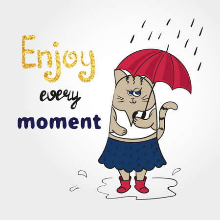 Cute cartoon cat with umbrella. Enjoy every moment lettering. Vector illustration. Rainy background.のイラスト素材