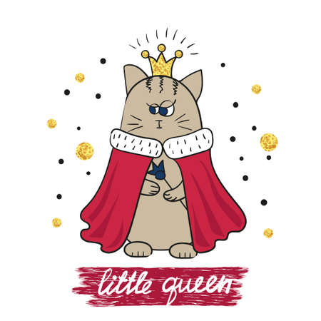 Cartoon little queen. Cute cat in royal gown and crown. Vector illustration.のイラスト素材
