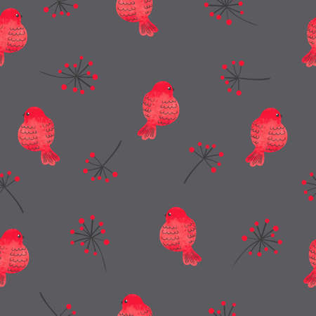 Watercolor red birds seamless pattern. Vector background with cute birds and branches.のイラスト素材