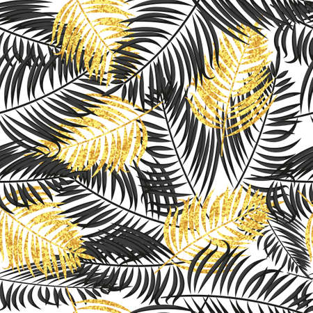 Palm leaves seamless pattern in black and gold colors. Tropical vector background with sparkling palm leaves.のイラスト素材