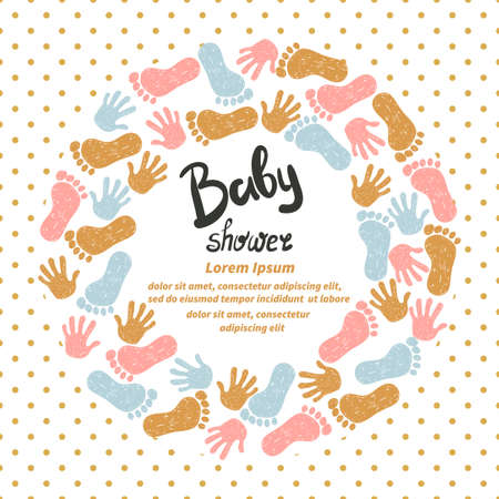 Baby shower invitation card design. Vector template with cute doodle hand and foot prints.のイラスト素材