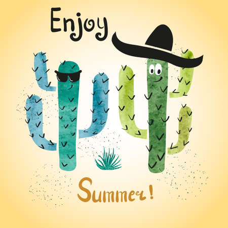 Cute watercolor cactus vector illustration. Summer party invitation design.のイラスト素材