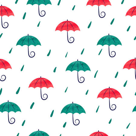 Seamless pattern with watercolor colorful umbrellas. Rain background. Rain drops and umbrellas isolated on white.のイラスト素材