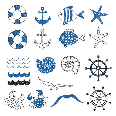 Sea set. Collection of marine symbols. Hand drawn vector illustration.のイラスト素材
