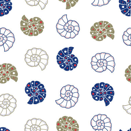 Shell seamless pattern. Vector background with doodle seashells isolated on whiteのイラスト素材