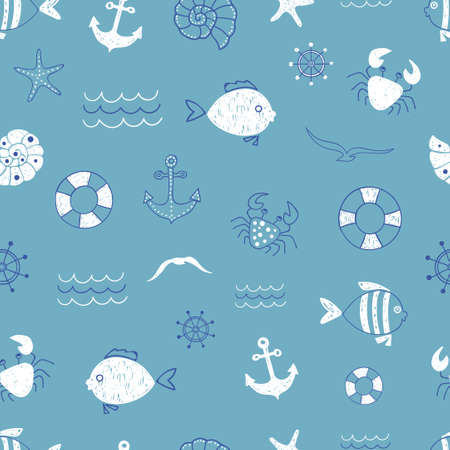 Marine seamless pattern. Vector sea background with cute doodle fish, anchor, seagull, crab. Can be used for wallpaper, kids textile, web page design, backgrounds.のイラスト素材