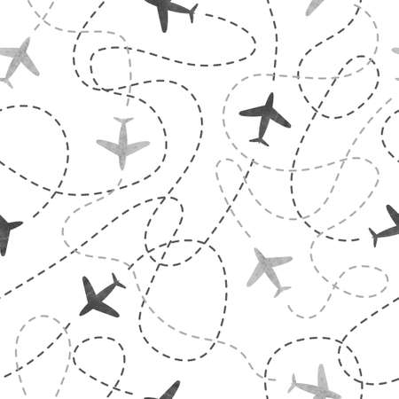Seamless pattern with watercolor airplanes. Travel around the world concept. Vector background.のイラスト素材
