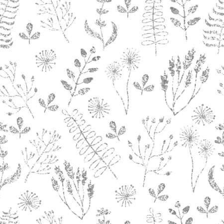 Silver floral seamless pattern. Vector background with silver leaves and branchesのイラスト素材