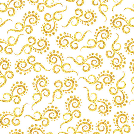 Golden swirls seamless pattern. Sparkling vector background with hand drawn swirl elements isolated on white.のイラスト素材