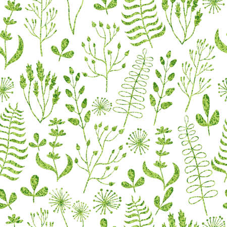 Seamless pattern with textured leaves, flowers, branches and herbs. Vector floral backgroundのイラスト素材