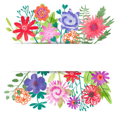 Floral card design with place for text. Watercolor flowers, leaves and branches isolated on white. Vector illustration suitable for birthday card, wedding invitation.のイラスト素材