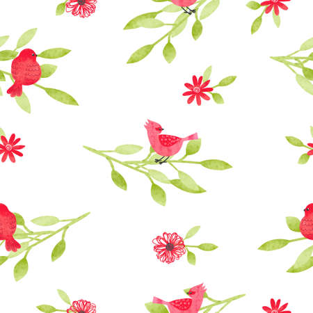 Watercolor seamless pattern with cute birds, flowers and branches. Vector floral background in green and red colors.のイラスト素材