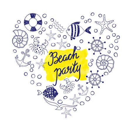 Beach party poster design. Set of doodle summer icons as heart isolated on white. Yellow watercolor splash with text. Vector illustration.のイラスト素材