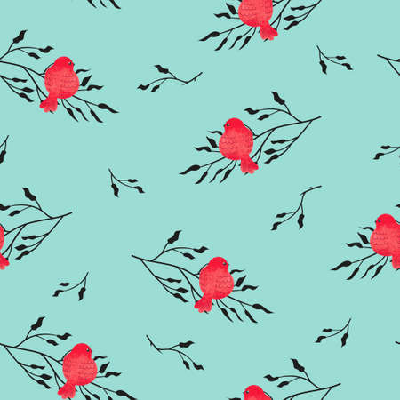 Seamless pattern with cute red watercolor birds and black branches on blue. Vector background.のイラスト素材