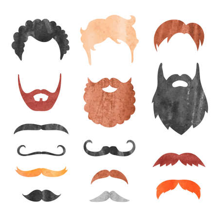 Watercolor mustache, beard and haircut set. Birthday party men photo booth props. Vector illustration.のイラスト素材
