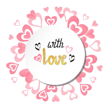 Love vector illustration. Round romantic background with watercolor pink hearts. Valentine`s day card design.のイラスト素材