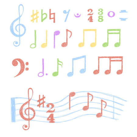 Colorful music notes set. Collection of sketch music symbols isolated on white. Vector illustration.のイラスト素材