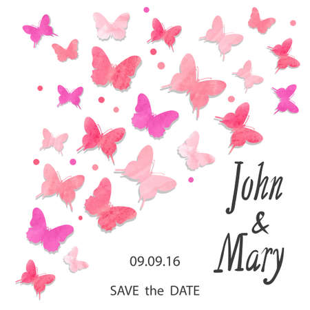Wedding invitation design with watercolor butterflies. Vector illustration in pink and violet, can be used as birthday card, party invitation, greetings.のイラスト素材