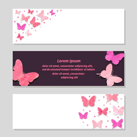 Set of romantic banners with pink butterflies. Vector illustrationのイラスト素材