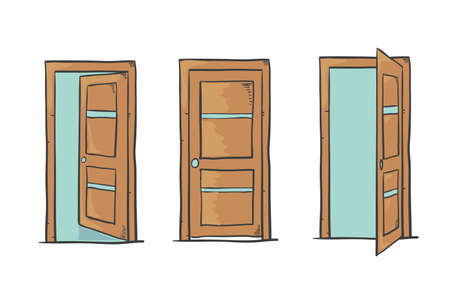 Set of cartoon doors, closed and open, isolated on white. Vector illustration.のイラスト素材