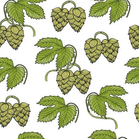 Hand drawn Hops seamless pattern. Vector background with green hop branches, leaves and cones.のイラスト素材