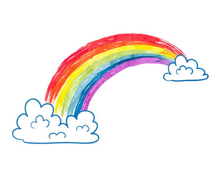 Watercolor cartoon rainbow and clouds isolated on white. Colorful vector illustration.のイラスト素材