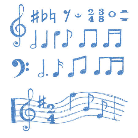 Music notes set. Collection of sketch music symbols isolated on white. Vector illustration.のイラスト素材