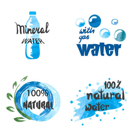Set of hand drawn watercolor symbols and signs of pure water. Vector collection of aqua labels.のイラスト素材
