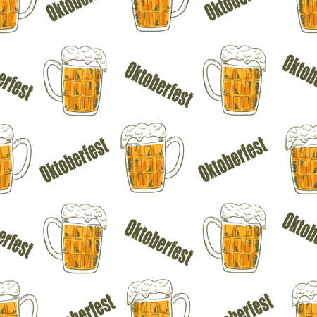 Oktoberfest seamless pattern with mugs of beer. Beer festival celebration. Vector background.のイラスト素材