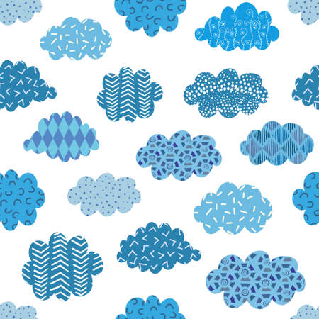 Doodle blue clouds seamless pattern. Vector background with abstract patterned clouds on white.のイラスト素材