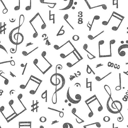 Hand drawn music notes seamless pattern. Vector musical background in black and white colors.のイラスト素材
