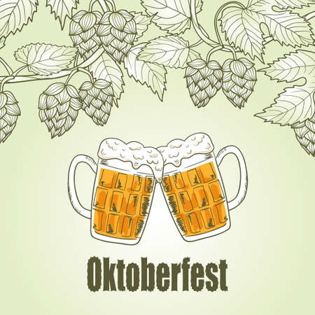 Oktoberfest greeting card design. Beer festival celebration. Poster with mug of beer and hop branches. Vector illustration.のイラスト素材