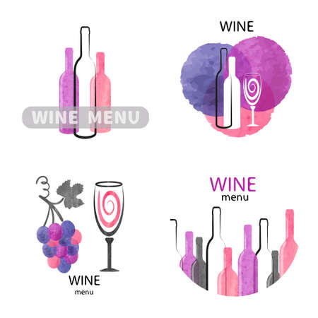 Watercolor wine set in pink, purple and black colors. Vector collection of wine menu design.のイラスト素材