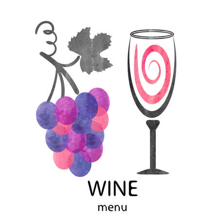 Vector illustration of watercolor wine glass and grapes. Wine menu design.のイラスト素材