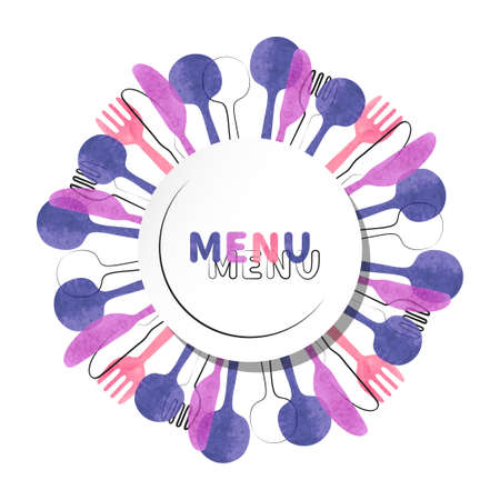 Restaurant round menu design. Vector illustration of cutlery - watercolor fork, spoon and knife silhouettes.のイラスト素材