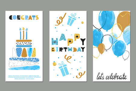 Set of watercolor birthday greetings card design in blue and gold colors. Vector illustration.のイラスト素材