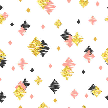 Seamless pattern with pink, black and golden glittering rhombuses. Vector celebration background.のイラスト素材