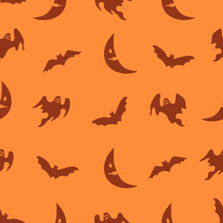 Vector orange Halloween background with ghosts, bats and moon. Seamless holiday pattern.のイラスト素材