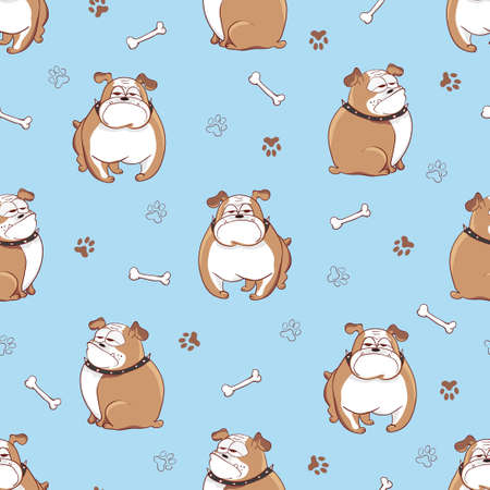 Cute cartoon dogs seamless pattern. Vector background with doodle bulldogs on blue.のイラスト素材