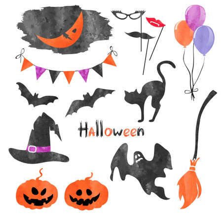 Watercolor Halloween icons set. Vector holiday party collection of elements for design.のイラスト素材