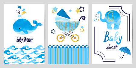 Baby shower boy set. Vector invitation card design.のイラスト素材
