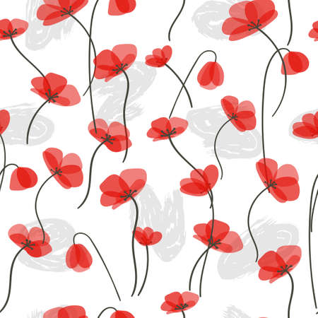 Seamless pattern with delicate red poppies. Vector floral backgroundのイラスト素材