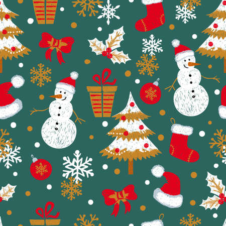 Christmas and New Year seamless pattern with doodle snowmen fir trees gifts and snowflakes. Vector...