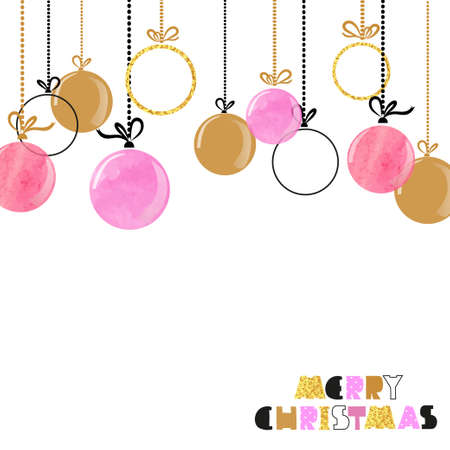 Hanging Christmas balls. Merry Christmas card design in pink and golden colors.のイラスト素材
