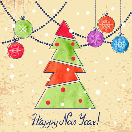 Happy New Year vintage card design with watercolor balls and fir tree. Vector holiday illustration.のイラスト素材