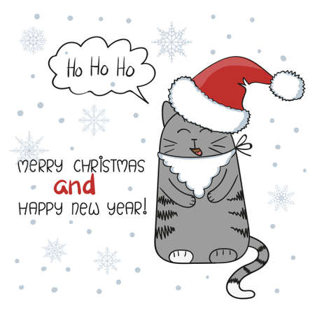 Merry Christmas and Happy New Year greeting card design. Cute cat with beard and Santa hat. Vector illustration.のイラスト素材