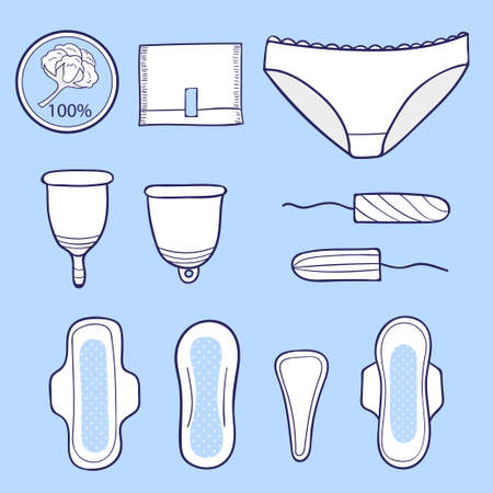 Feminine hygiene products set. Sanitary pads tampons menstrual cups panties. Vector illustration.のイラスト素材